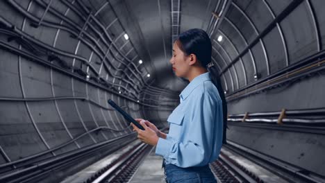 side view of asian female professional worker in underground subway tunnel, observes by looking up before she come to concentrating on the tablet and keep on checking