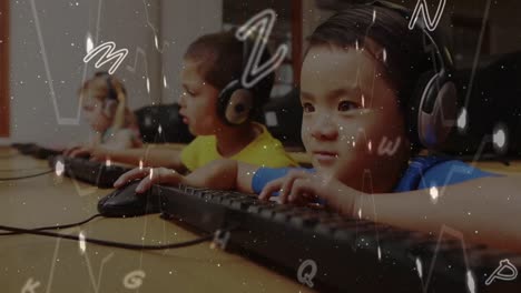 Animation-of-multiple-alphabets-floating-over-asian-boy-using-computer-at-school