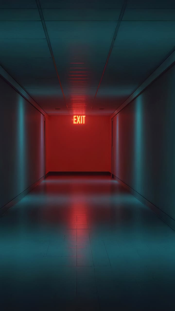 Vertical video: Moving camera drawing end closer in corridor, brightening red EXIT sign reflection