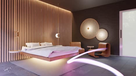 elegante dormitorio principal con cama flotante y pared de madera con textura, animación 3d