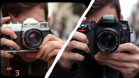 two photographers are captured aiming their cameras at the same subject, showcasing the unique differences between film and digital photography in a bustling city atmosphere.