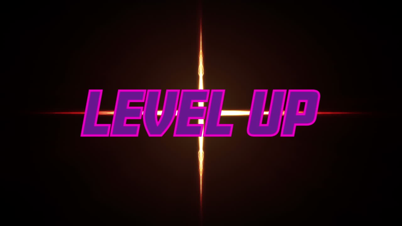 Animation of level up text over glowing cross on black background