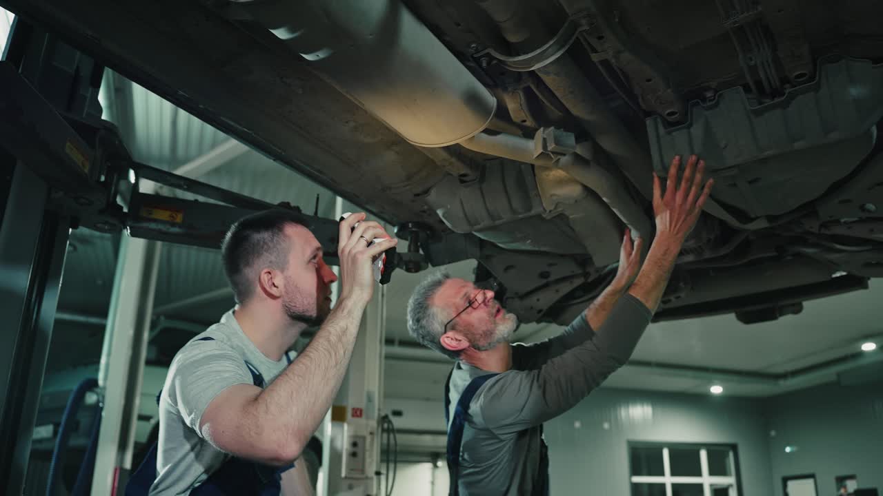 inspección del tren de aterrizaje del automóvil por parte de mecánicos