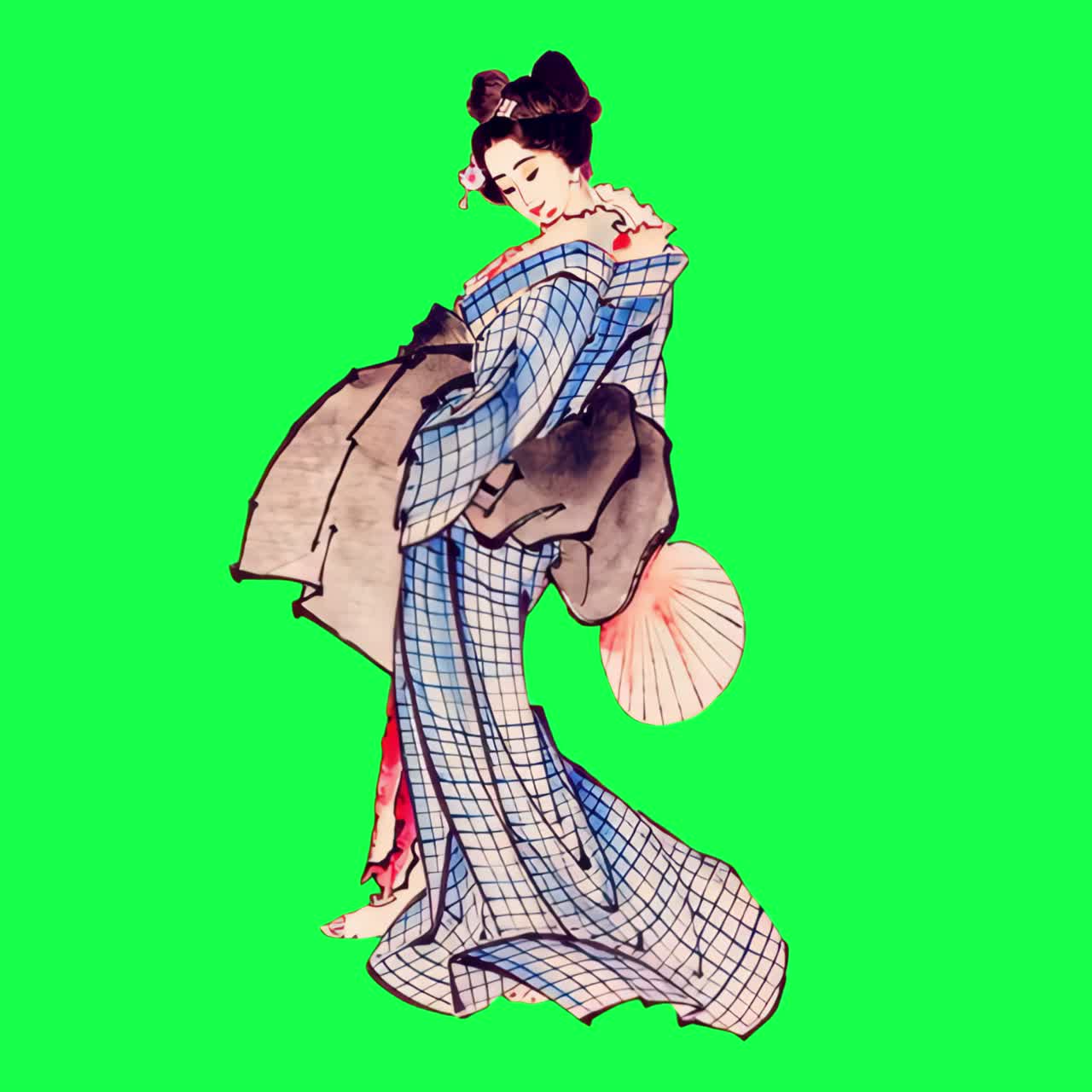 Illustrazione animata di donna giapponese tradizionale in kimono che tiene un ventaglio