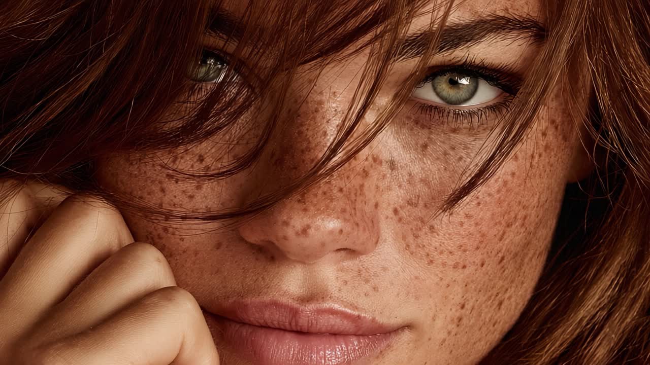 Un Ritratto in Primo Piano di una Donna che Enfatizza i Suoi Accattivanti Occhi Verdi e la Carnagione Lentigginosa, Evidenziando la Bellezza Naturale e l'Intrigo in Ogni Sguardo