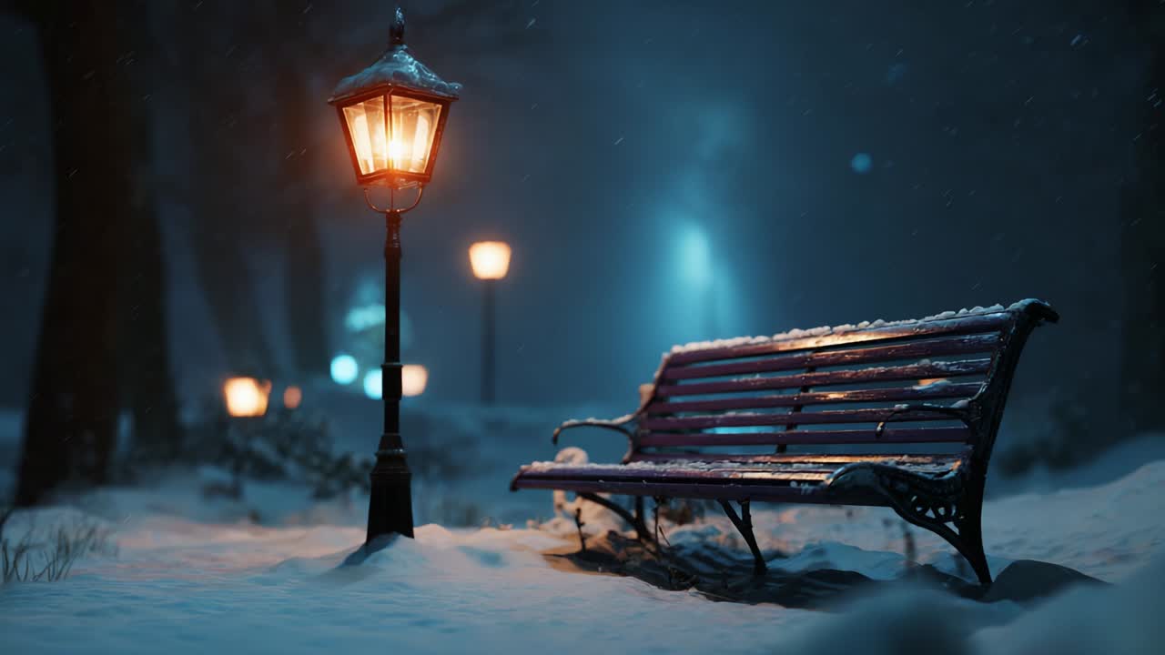 En fredfyldt vinternatsscene med en sneklædt parkbænk oplyst af en gammeldags gadelampe, der udstråler en hyggelig og fredelig atmosfære midt i de faldende snefnug i et roligt miljø