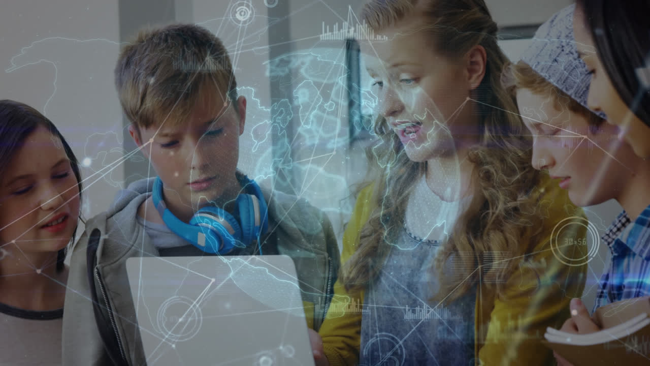 노트북을 사용하는 학교 학생들에 대한 수학 방정식의 애니메이션