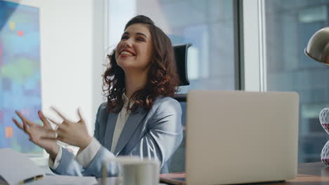 overjoyed girl manager celebrating win reading great news at laptop close up.