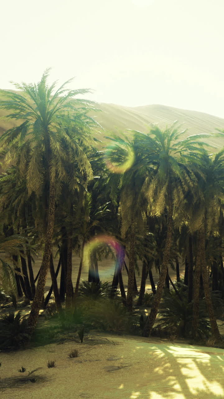 Oasis surrounded by palm trees in a desert landscape with sunlight