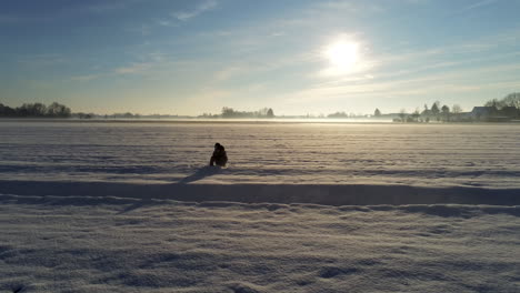 Little-boy-playing-in-the-snow-on-big-field