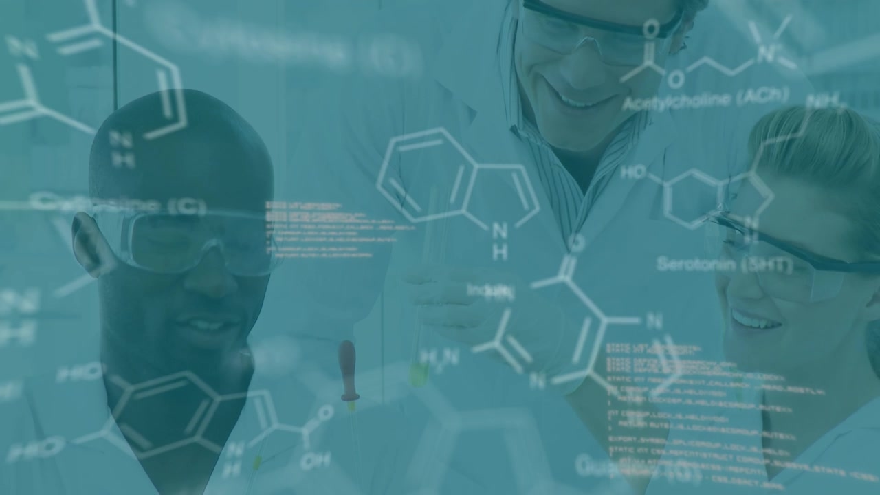 Animazione di formule chimiche ed elaborazione dati su laboratoristi donne e uomini di diverse etnie