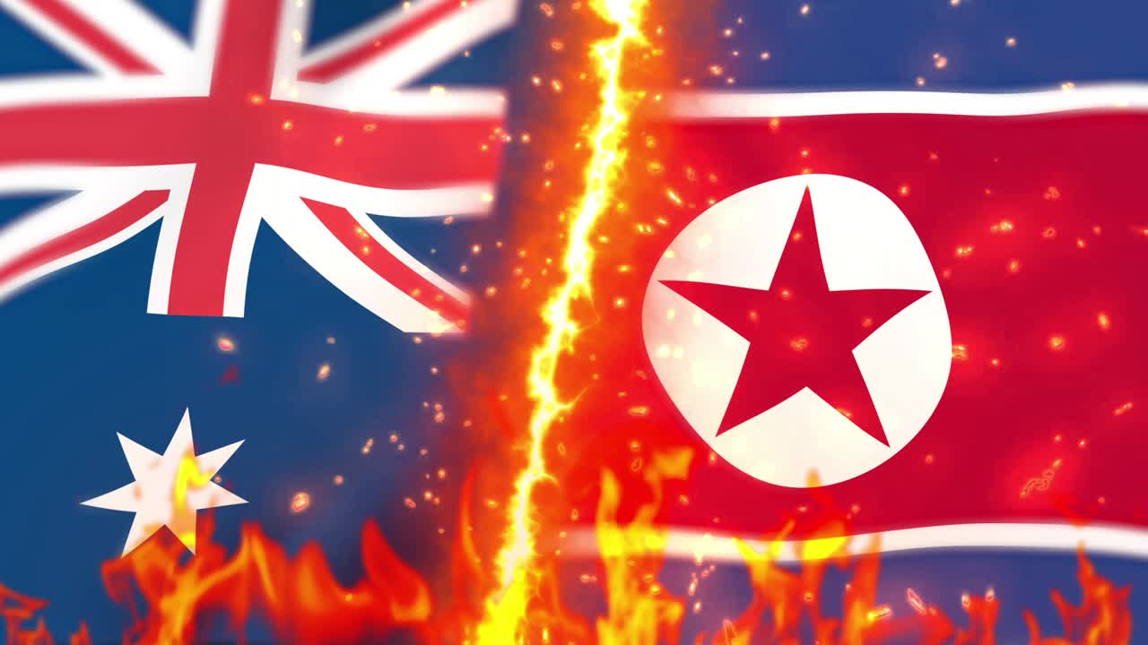 Australia versus North Korea flag on fire loop animation