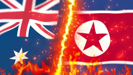 australia versus north korea flag on fire loop animation