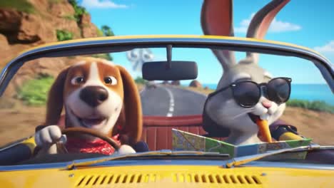 a fun-filled journey: animated dog and rabbit explore scenic roads in a classic convertible, enjoying freedom and friendship on their adventure
