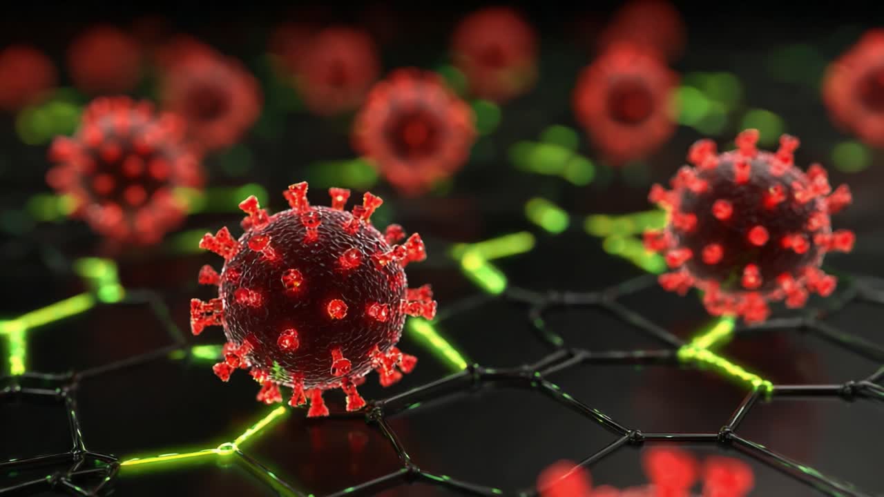 Visual Depiction of Virus Simulation on a Graphene-Like Structure, Highlighting the Interaction Between Viral Particles and Nanomaterials in a Dynamic Environment