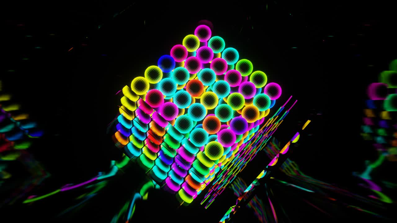 cubo de vidrio abstracto con bolas parpadeantes