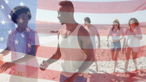 animation of flag of usa over happy diverse friends recycling on beach in summer