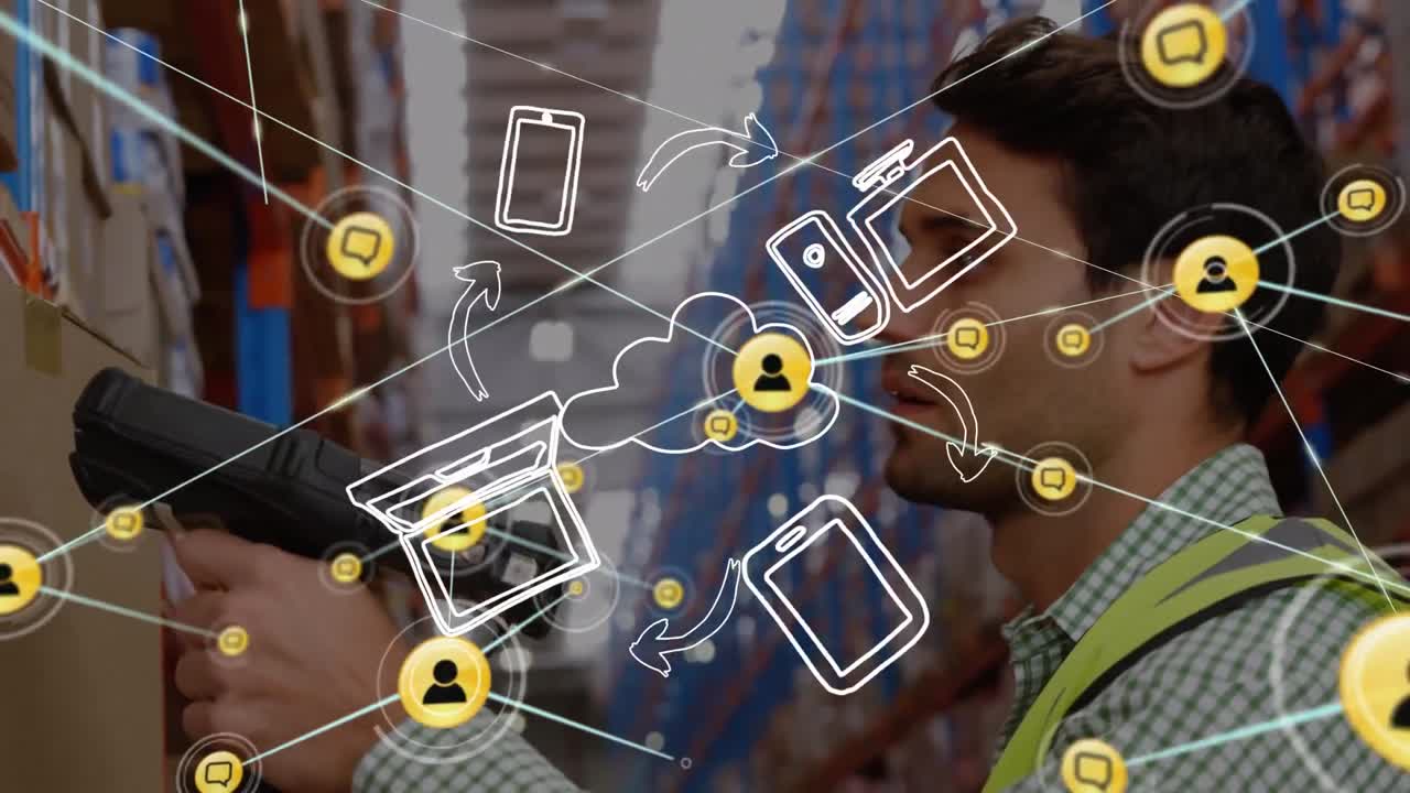 animación de la red de conexiones a través de iconos digitales y hombre trabajando en el almacén