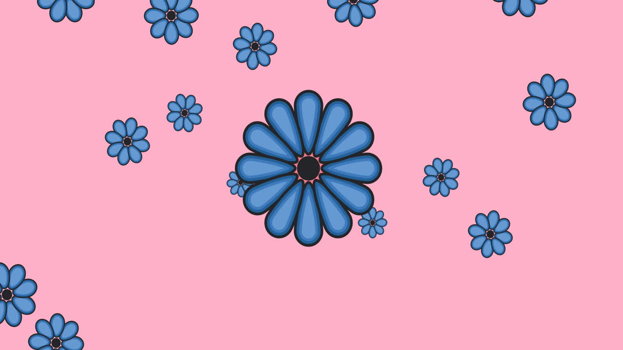 animación de múltiples flores azules que se mueven sobre un fondo rosado