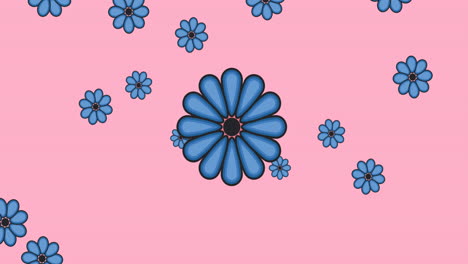 animación de múltiples flores azules que se mueven sobre un fondo rosado