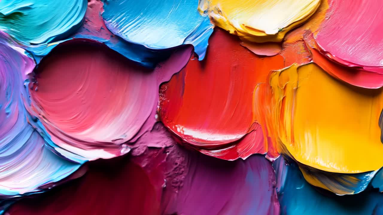 A painting of a colorful swirl of paint with a yellow center. The painting is full of bright colors and has a feeling of energy and movement