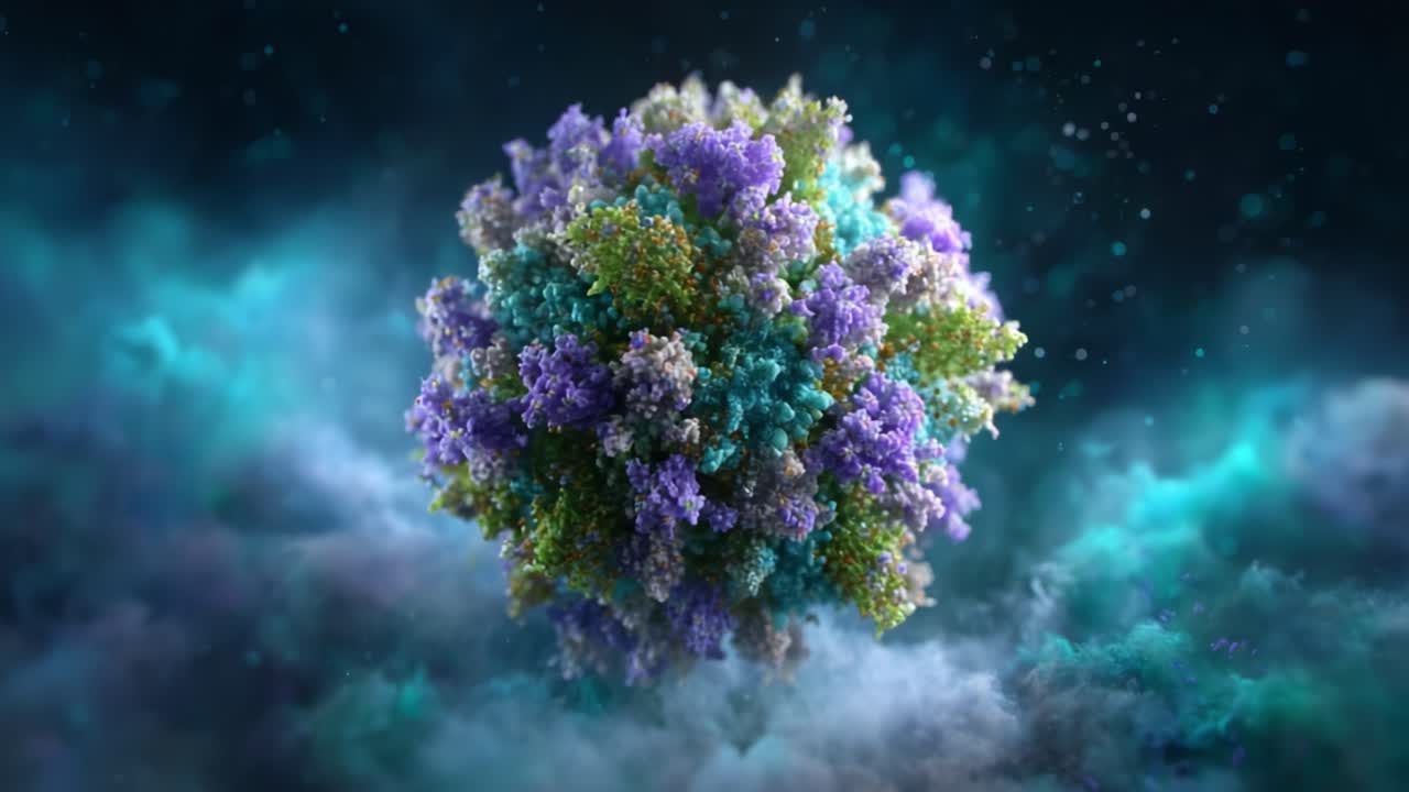 A Stunning 3D Representation of a Colorful Microbial Structure, Surrounded by Ethereal Clouds and Vibrant Particles, Capturing the Intricacies of Microbiology and Nature