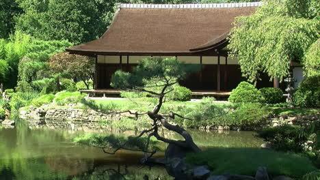 una casa tradicional japonesa con un jardín y un estanque circundantes