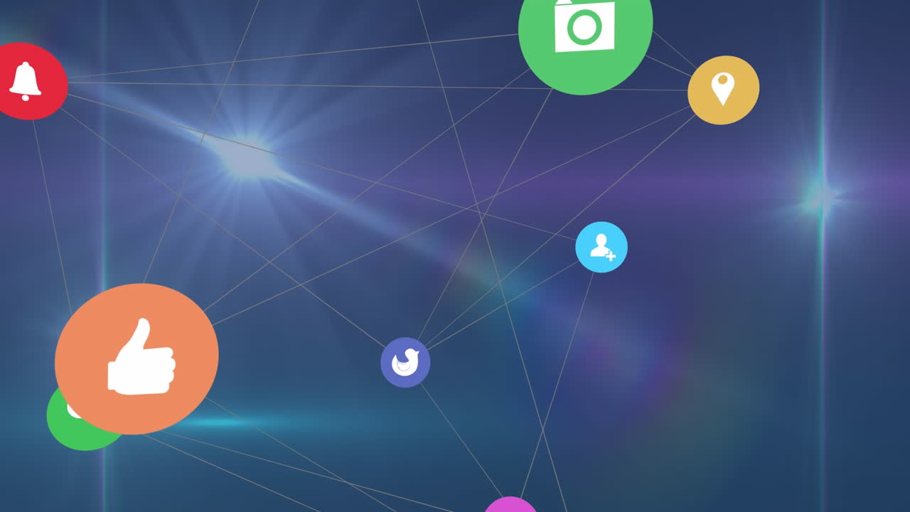 파란색 배경에 있는 빛의 점과 빛의 흔적에 대한 디지털 아이콘의 네트워크