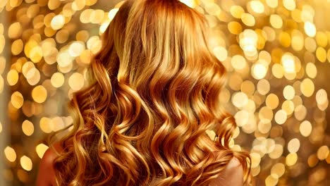 a woman with long, wavy red hair standing in front of a gold background