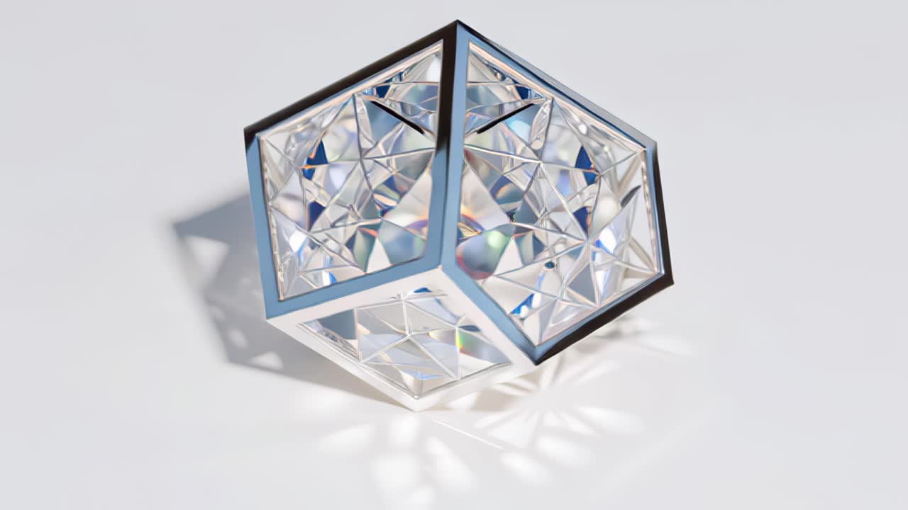 Filmato 3D astratto di un cubo di cristallo trasparente con cornice metallica che ruota su uno sfondo bianco minimale, creando riflessi di luce prismatici e moderne forme geometriche futuristiche.