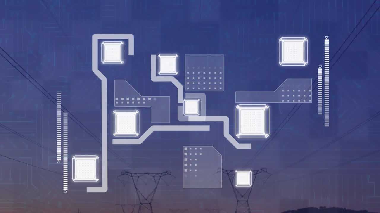 어두운 배경에서 아이콘과 디지털 데이터 처리를 가진 연결의 애니메이션