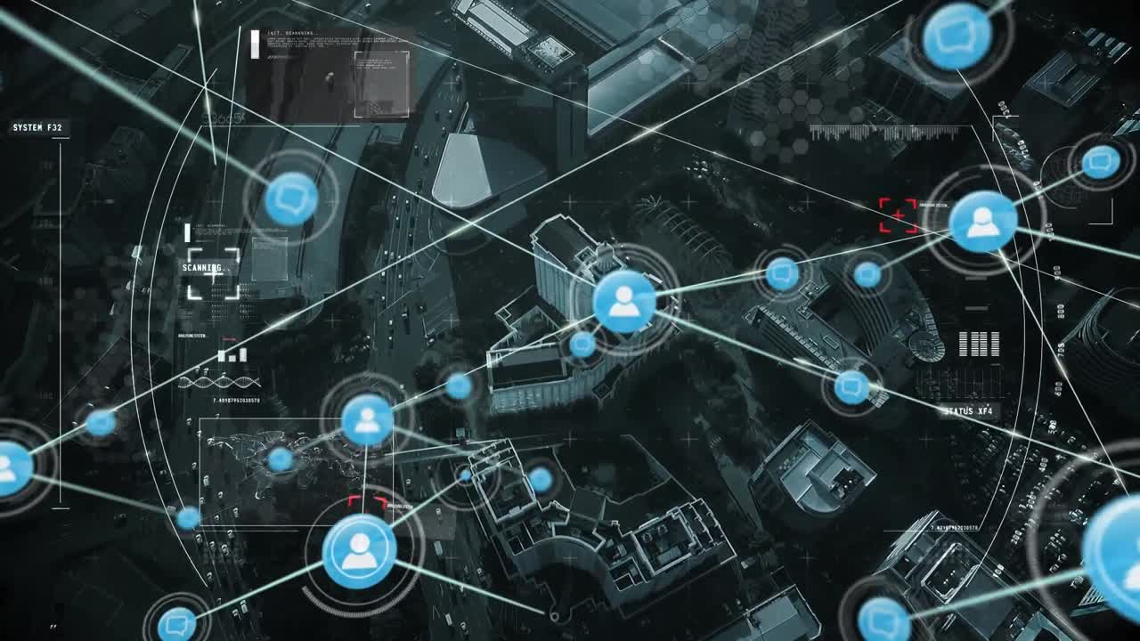 Animazione di rete di connessioni su paesaggio urbano