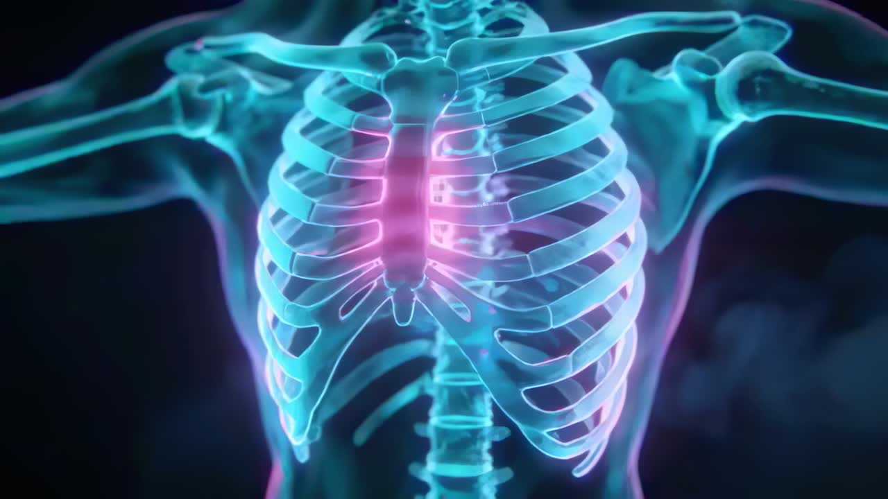 Reproduciendo un bucle de respiración con un tórax 3D mostrando costillas expandiéndose, esternón pulsando y la escápula, en un estudio para enseñar.