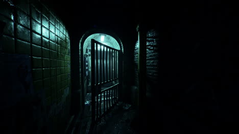 a dark and eerie alleyway with a gate at the end