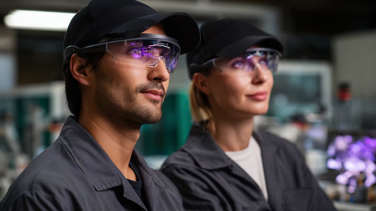 A close-up view of two professionals in a modern workspace, wearing protective gear and advanced eyewear, showcasing their focus and teamwork while engaged in innovative technology development