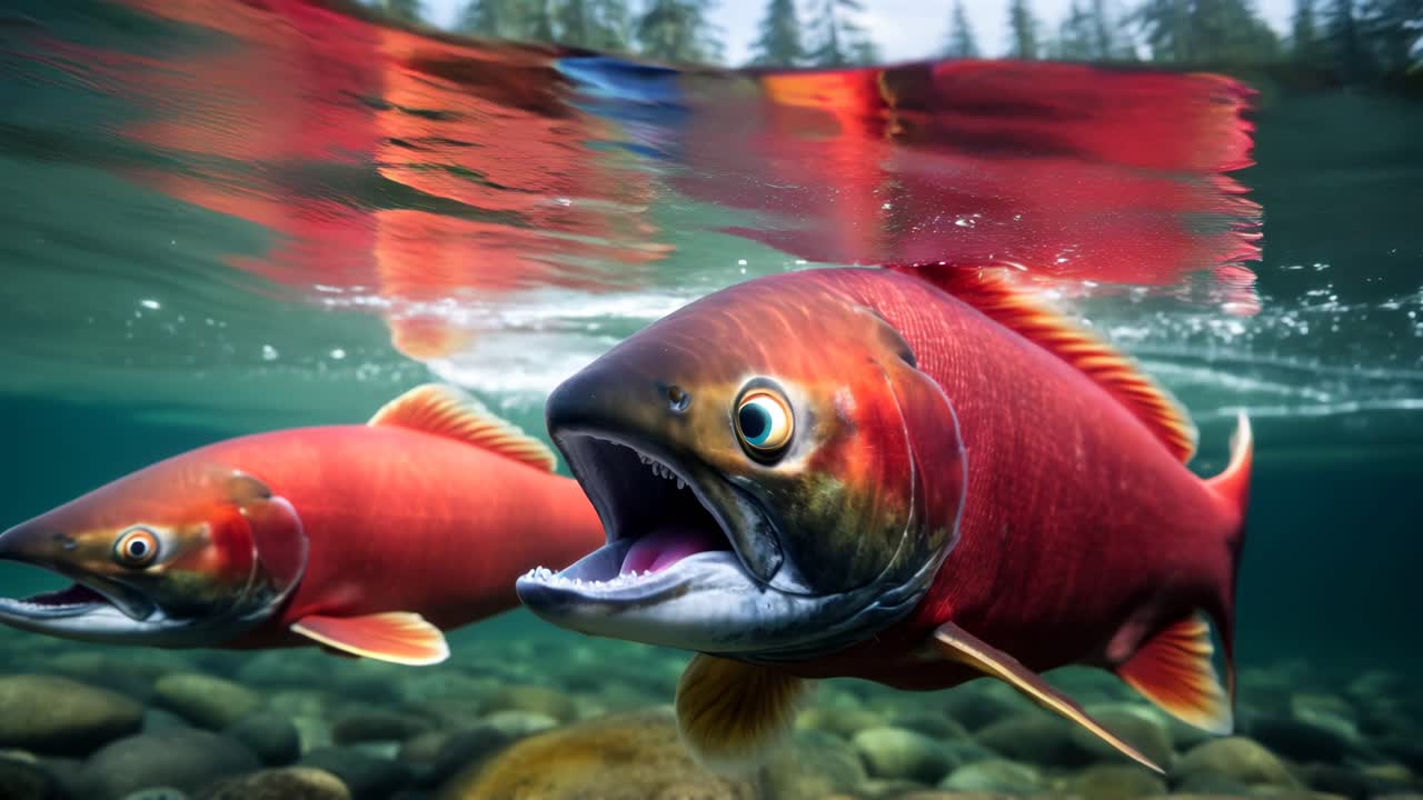 Video subacqueo che cattura vivaci salmoni che nuotano controcorrente.