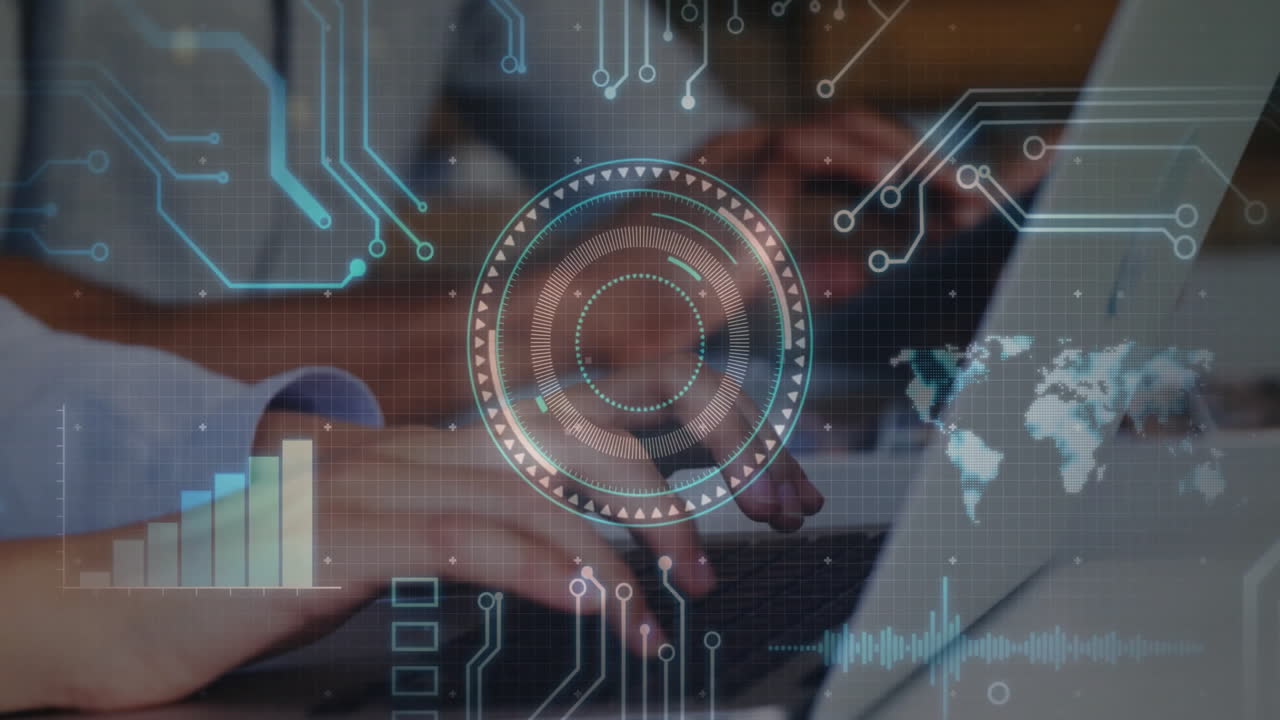 Hands typing on laptop showing flat design interface with HUD circle, charts, map and waveforms
