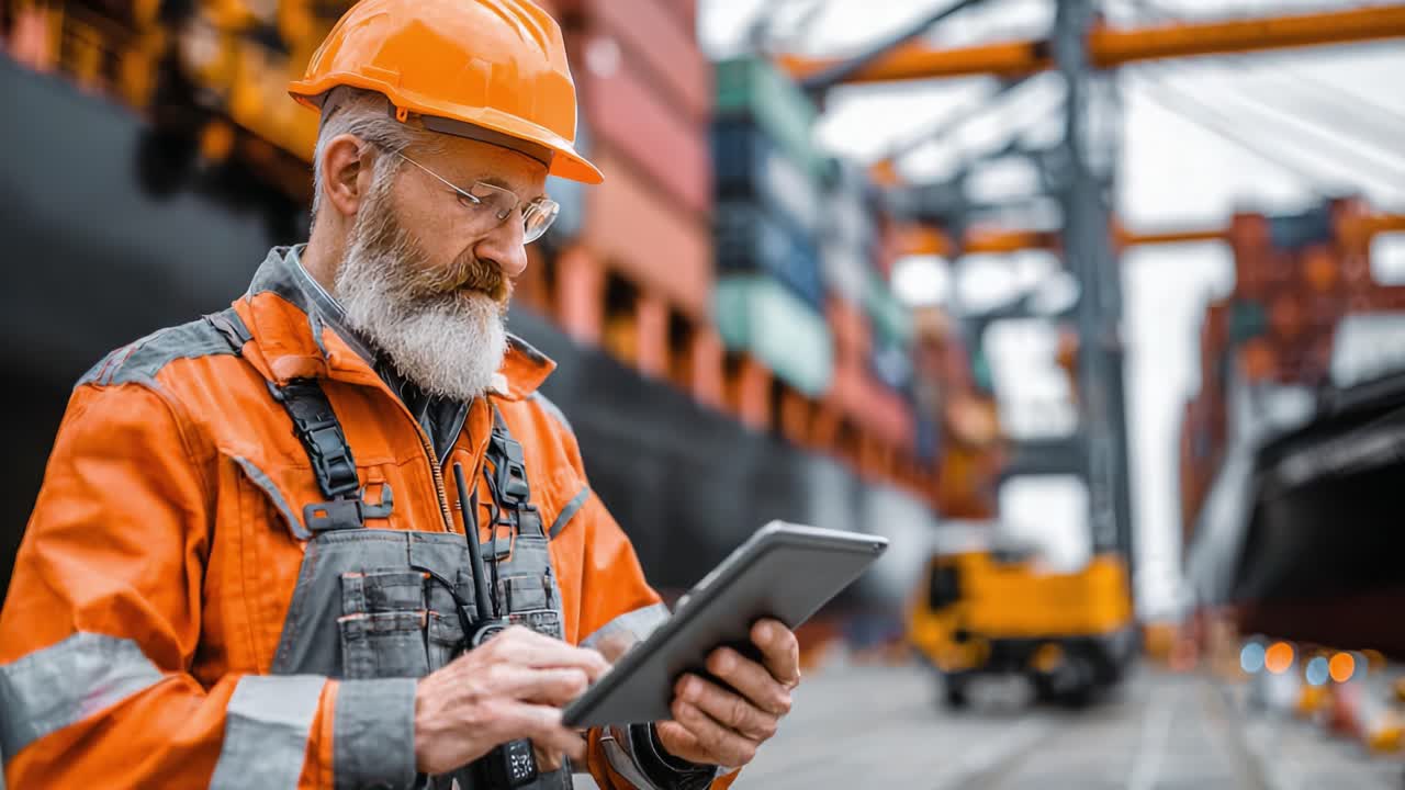 Un Operaio Portuale Esperto con Equipaggiamento di Sicurezza Utilizza un Tablet per Operazioni in un Affollato Cantiere Navale, Mostrando l'Integrazione della Tecnologia Moderna nella Logistica Marittima