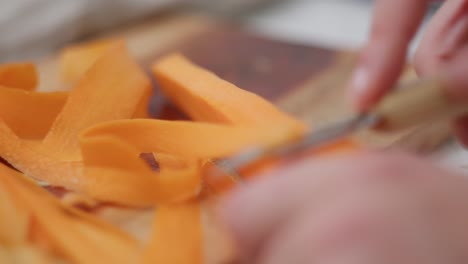 close up of female hands slicing carrots with vegetable peeler