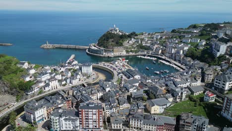 Luarca-Fishing-Village-and-Port-in-Asturias,-Spain---Aerial-4k