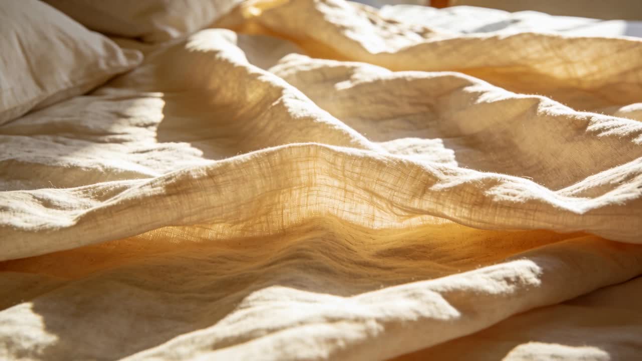 Entering sunlight shifting across crumpled beige linen duvet in bedroom, showing texture, pillow
