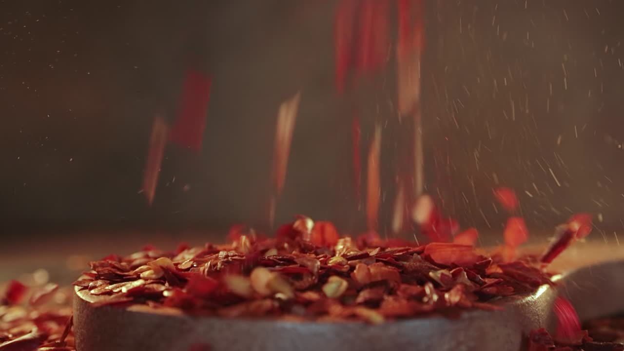 Flakes of red hot chili pepper in wooden spoon closeup on a kitchen table.