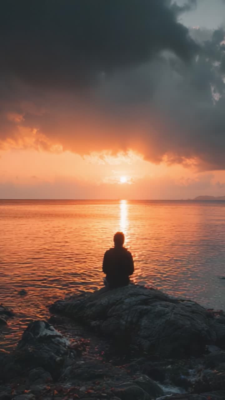 A Serene Sunset Scene by the Water, Featuring Silhouetted Figure Contemplating the Calm Waves and Vibrant Sky Colors, Emanating Peace and Reflection