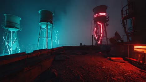 Urban rooftop view with illuminated water towers