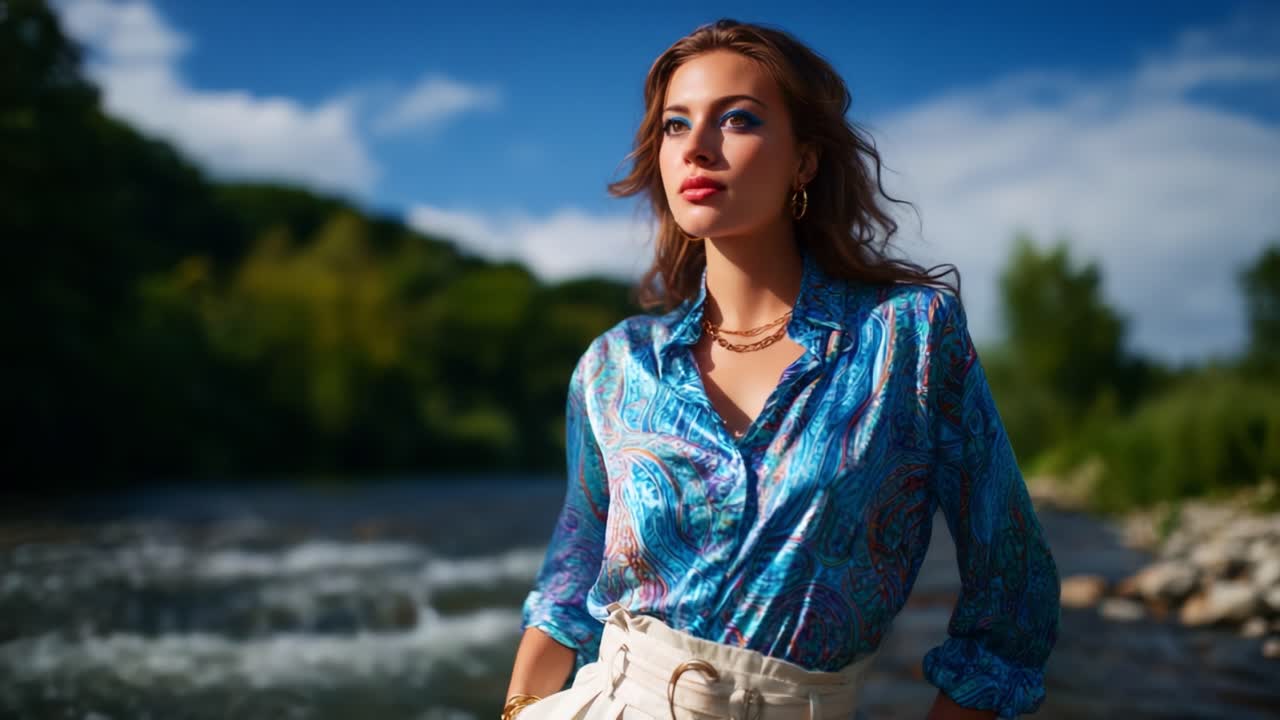 Una giovane donna con una vivace maglietta blu posa con sicurezza accanto a un fiume impetuoso, con una vegetazione verdeggiante e un cielo splendido che arricchiscono lo scenario
