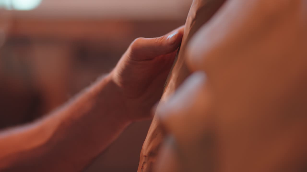 Close-up of skilled artisan's hands shaping large clay masterpiece