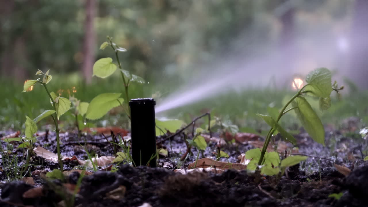 Close up of a garden sprinkler watering fresh green plants