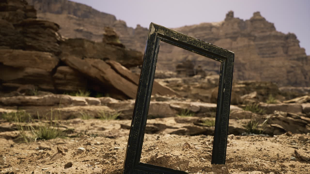 Framed view of desert landscape with rocky formations in clear sky