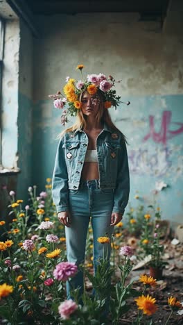 woman with floral crown in a flower garden