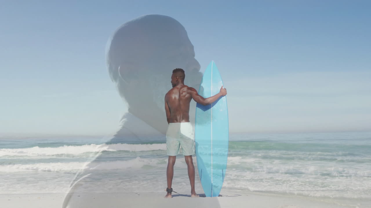 Holding surfboard on beach, man with animation of contemplative face